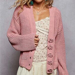 POL CHENILLE KNIT CARDIGAN WITH FLOWER BUTTONS IN
ROSE PINK